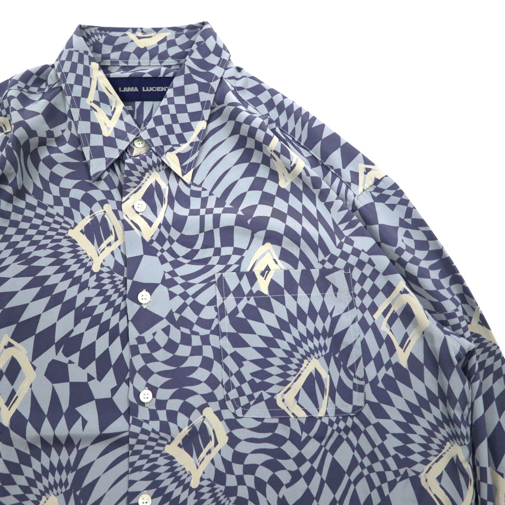 Vintage 90s Japan Made Retro Shirt LAMA LUCENTE 90年代 総柄 ポリシャツ FREE ブルー 幾何学柄 ポリエステル 日本製
