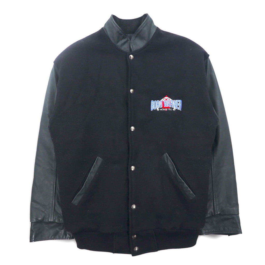 Vintage 90s Varsity Jacket Made in Canada Trimark Leather Switching Stadium Jacket M Black Wool Cowhide Quilted Liner BORG WARNER