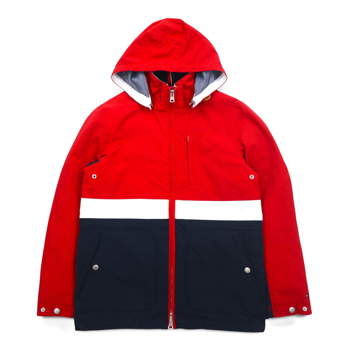 TOMMY HILFIGER Sailing Jacket Mountain Parka M Red Tricolor Double Zip Detachable Hood