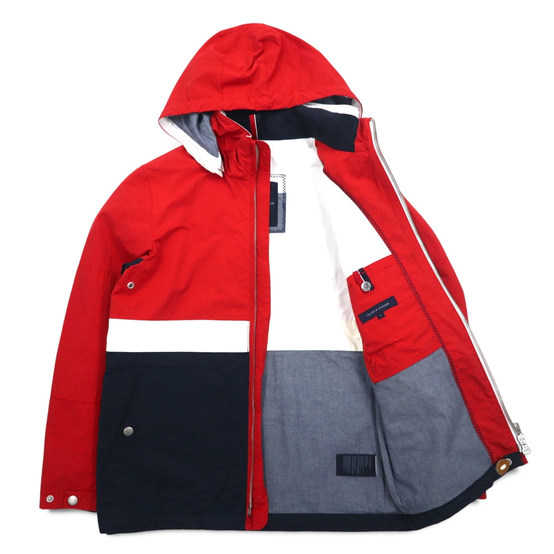 TOMMY HILFIGER Sailing Jacket Mountain Parka M Red Tricolor Double Zip Detachable Hood