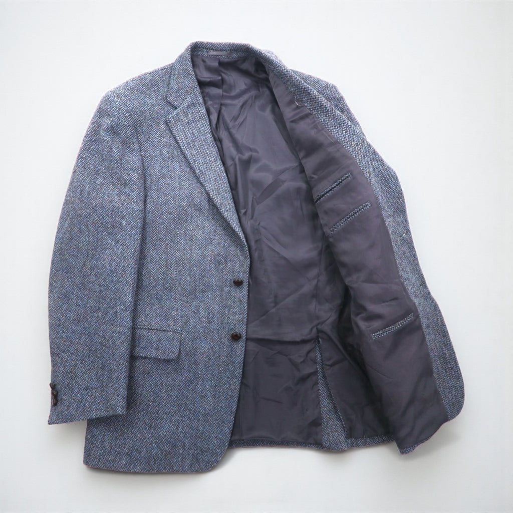Harris Tweed Made in Scotland 2B Tailored Jacket, Leather, Large, Navy Wool, 100th Anniversary Limited Edition