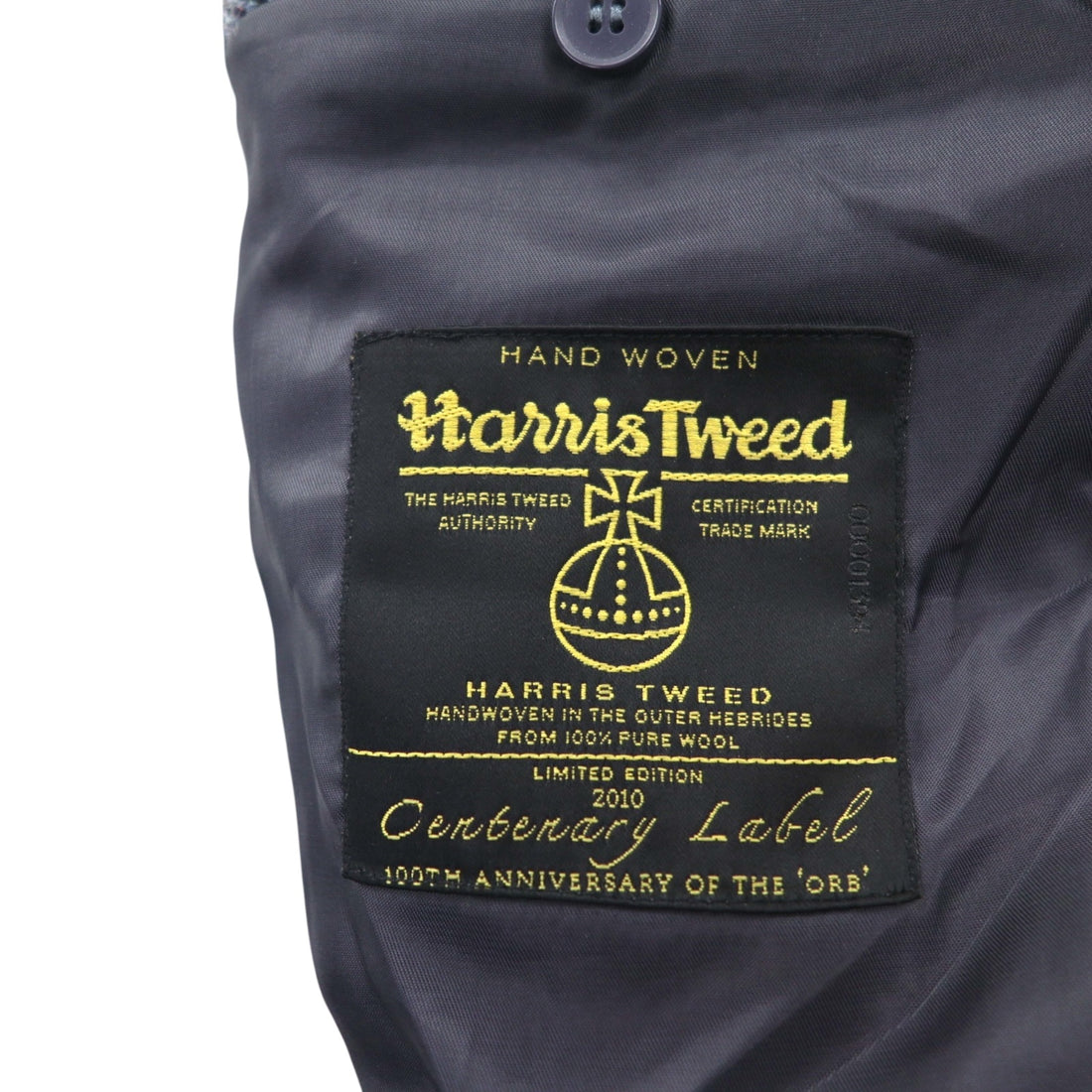 Harris Tweed Made in Scotland 2B Tailored Jacket, Leather, Large, Navy Wool, 100th Anniversary Limited Edition