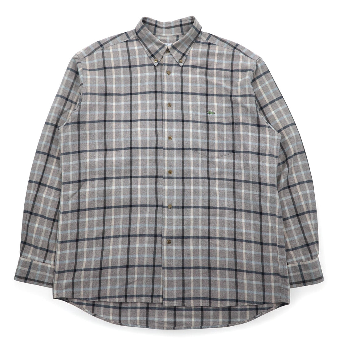 LACOSTE Big Size Button Down Shirt M Gray Windowpane Check One Point Logo