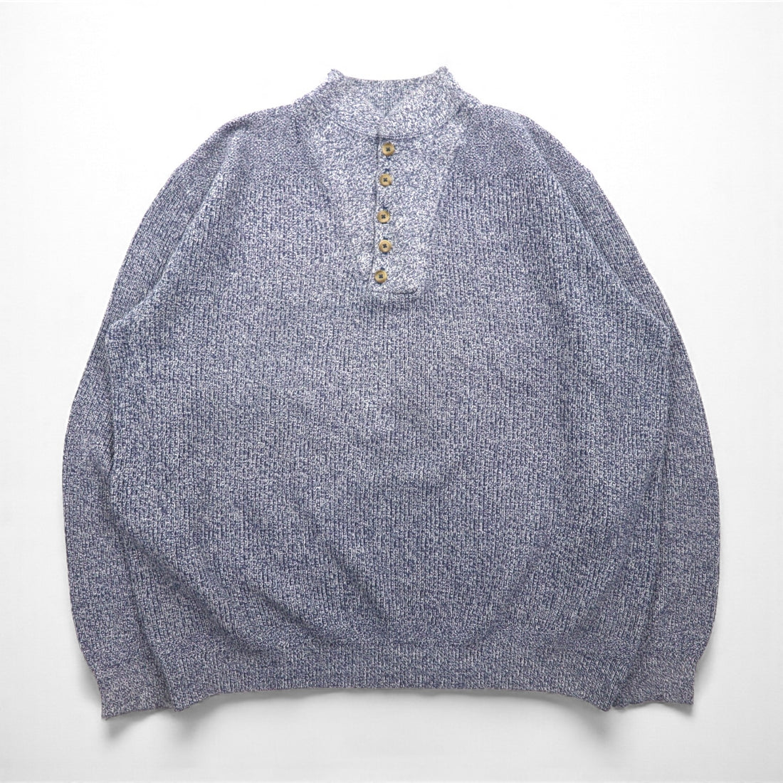 L.L.Bean 80s Made in USA Half-Button Rib Knit Sweater, XL, Blue, Mock Neck, Stand Collar