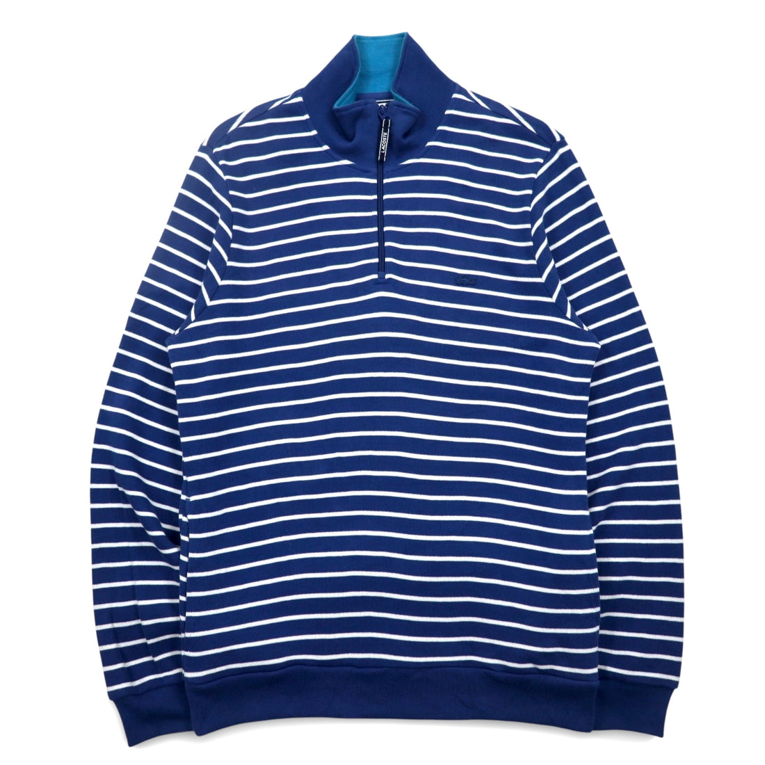 LACOSTE Half-Zip Cotton Knit Sweater L Navy Striped One-Point Logo Made in Peru