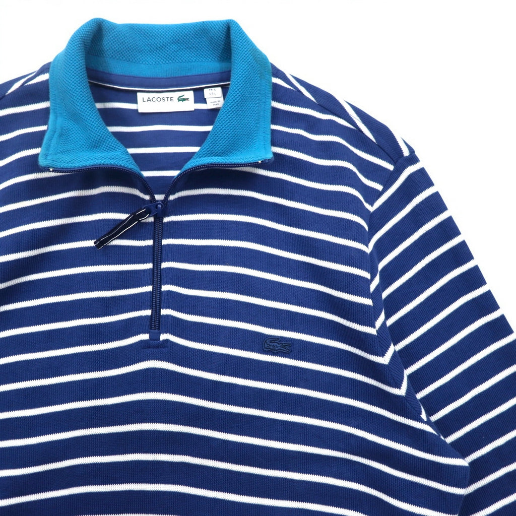 LACOSTE Half-Zip Cotton Knit Sweater L Navy Striped One-Point Logo Made in Peru