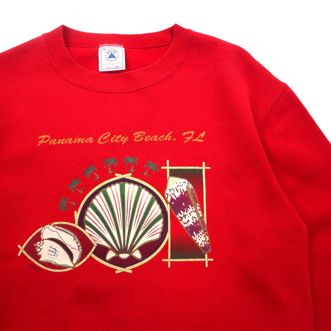 Made in USA 90s DELTA Print Sweatshirt M Red Cotton FIFTY-FIFTY Fleece Lined Panama City Beach