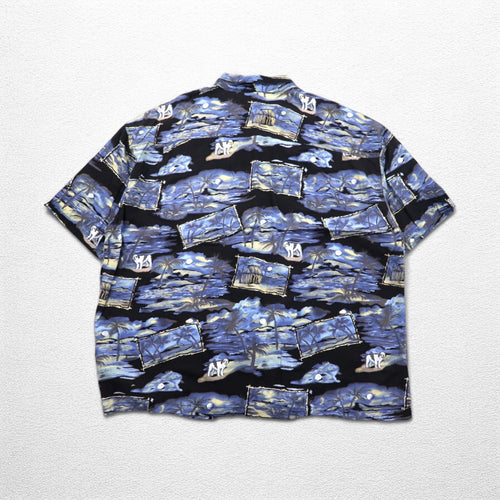 Big Dogs 90s Aloha Shirt 4XL Big Size Blue Black Rayon All-over Palm Tree Pattern