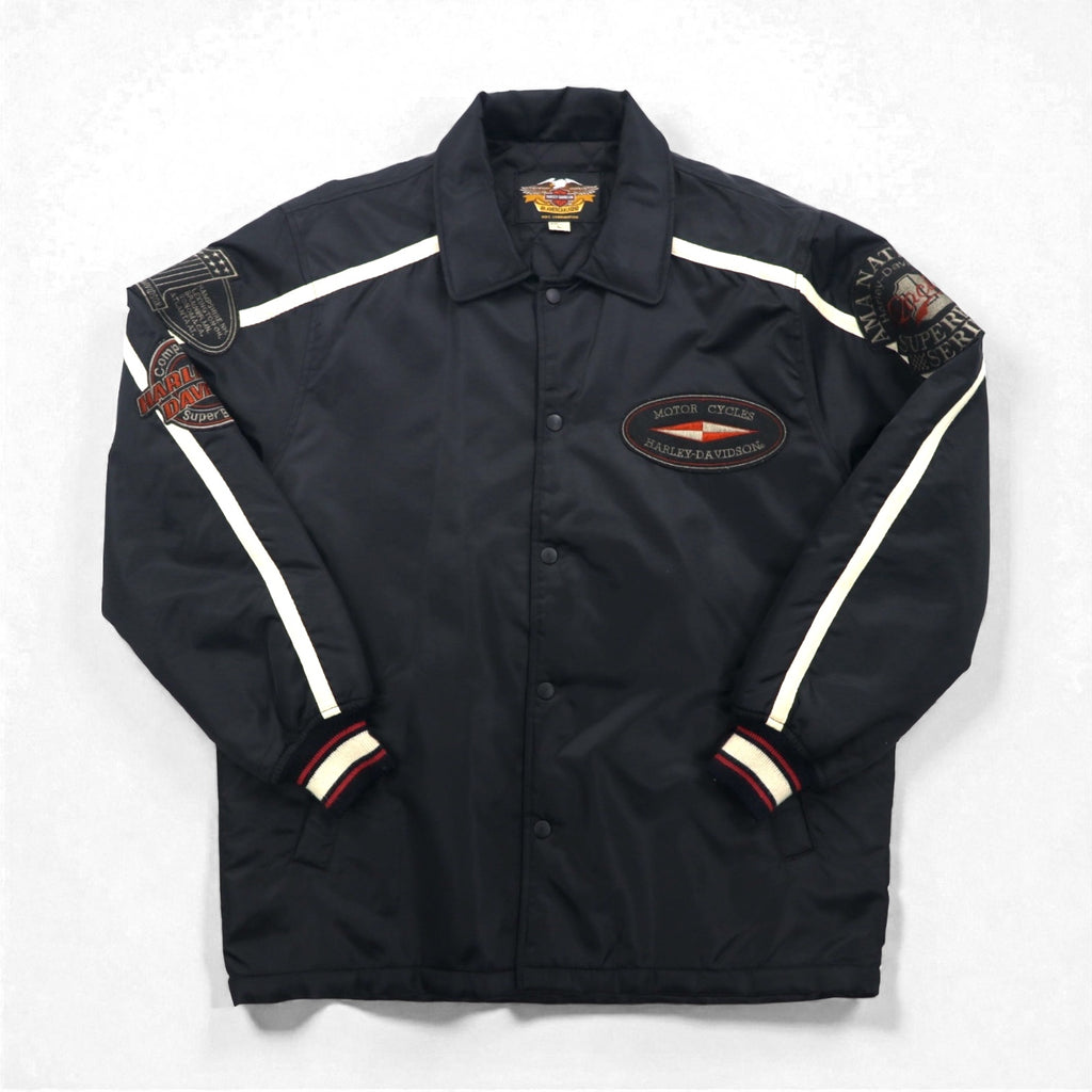 HARLEY DAVIDSON 00s Racing Jacket Nylon Padded Coach Jacket, Size L, Black Embroidery, Side Stripes