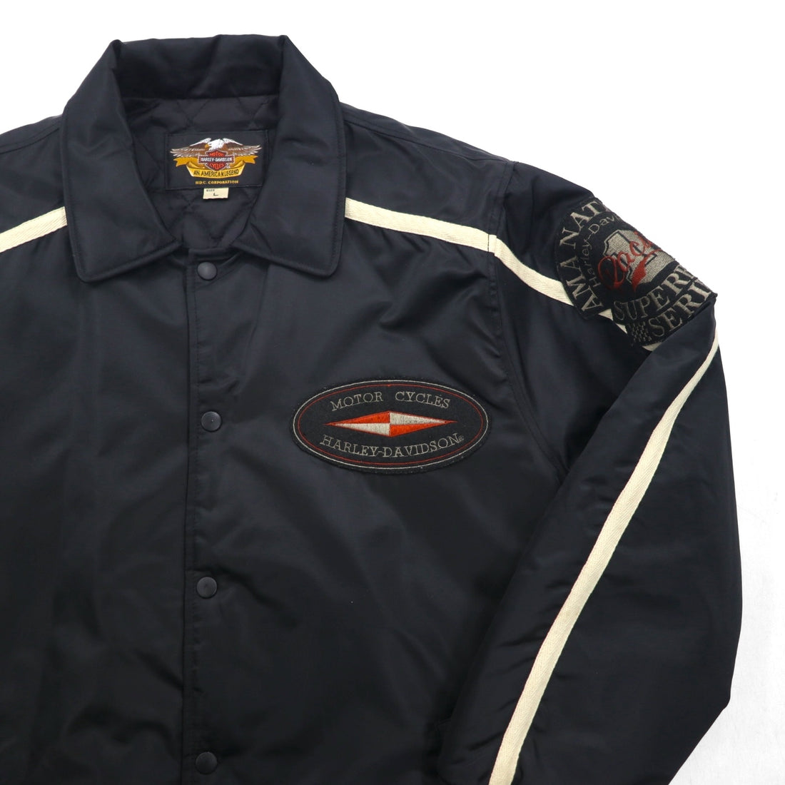HARLEY DAVIDSON 00s Racing Jacket Nylon Padded Coach Jacket, Size L, Black Embroidery, Side Stripes
