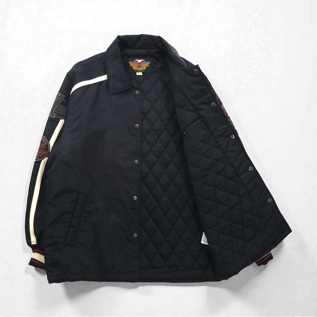HARLEY DAVIDSON 00s Racing Jacket Nylon Padded Coach Jacket, Size L, Black Embroidery, Side Stripes