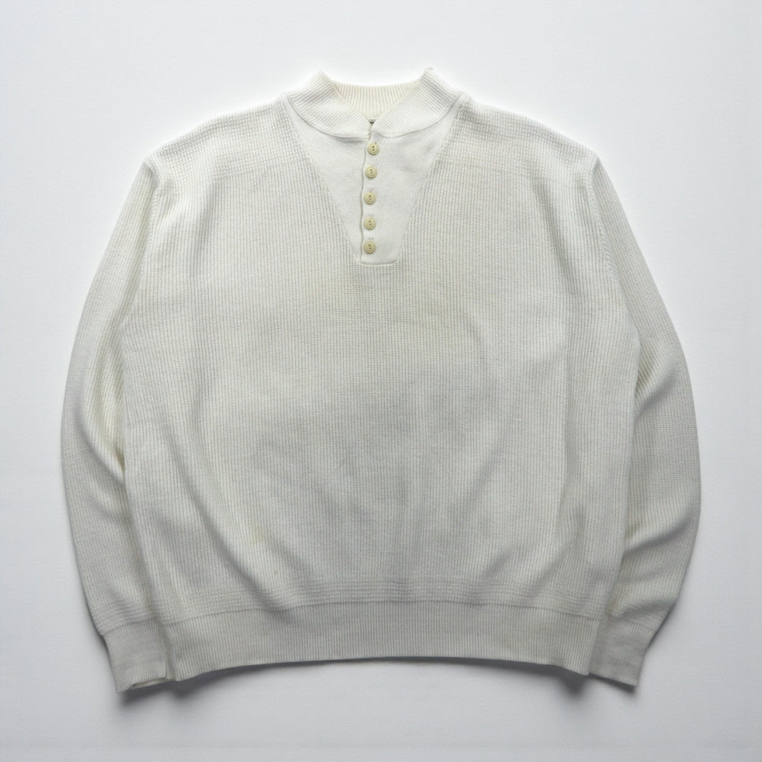 L.L.Bean 80s Made in USA Henley Neck Rib Knit Sweater, XL, White Cotton, Half Button