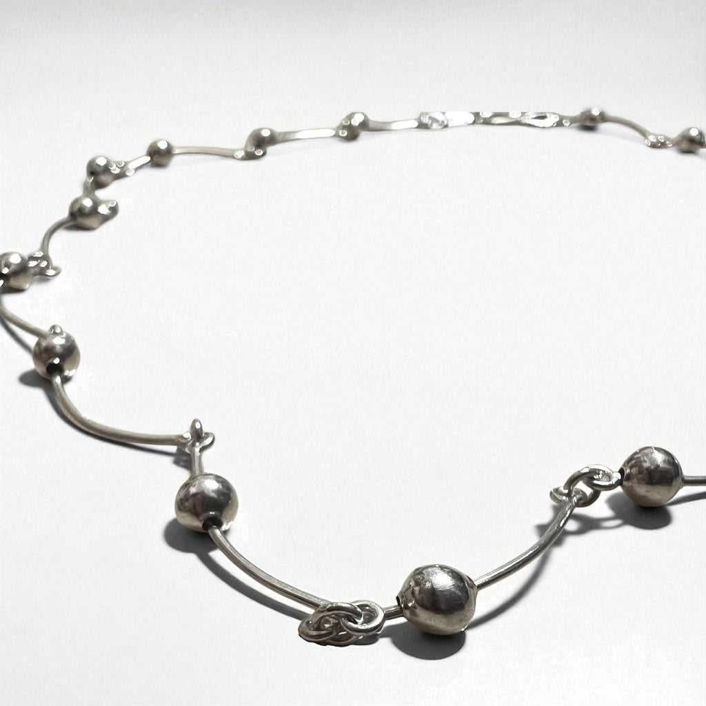 Vintage 2-Way Silver Necklace, Dot and Wave Design, Double Bracelet, 925 Sterling Silver