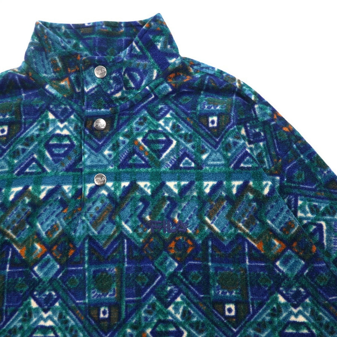 FILA Made in Italy 90s All-over Print Half Button Snap Tee Fleece Jacket XXL Green Blue