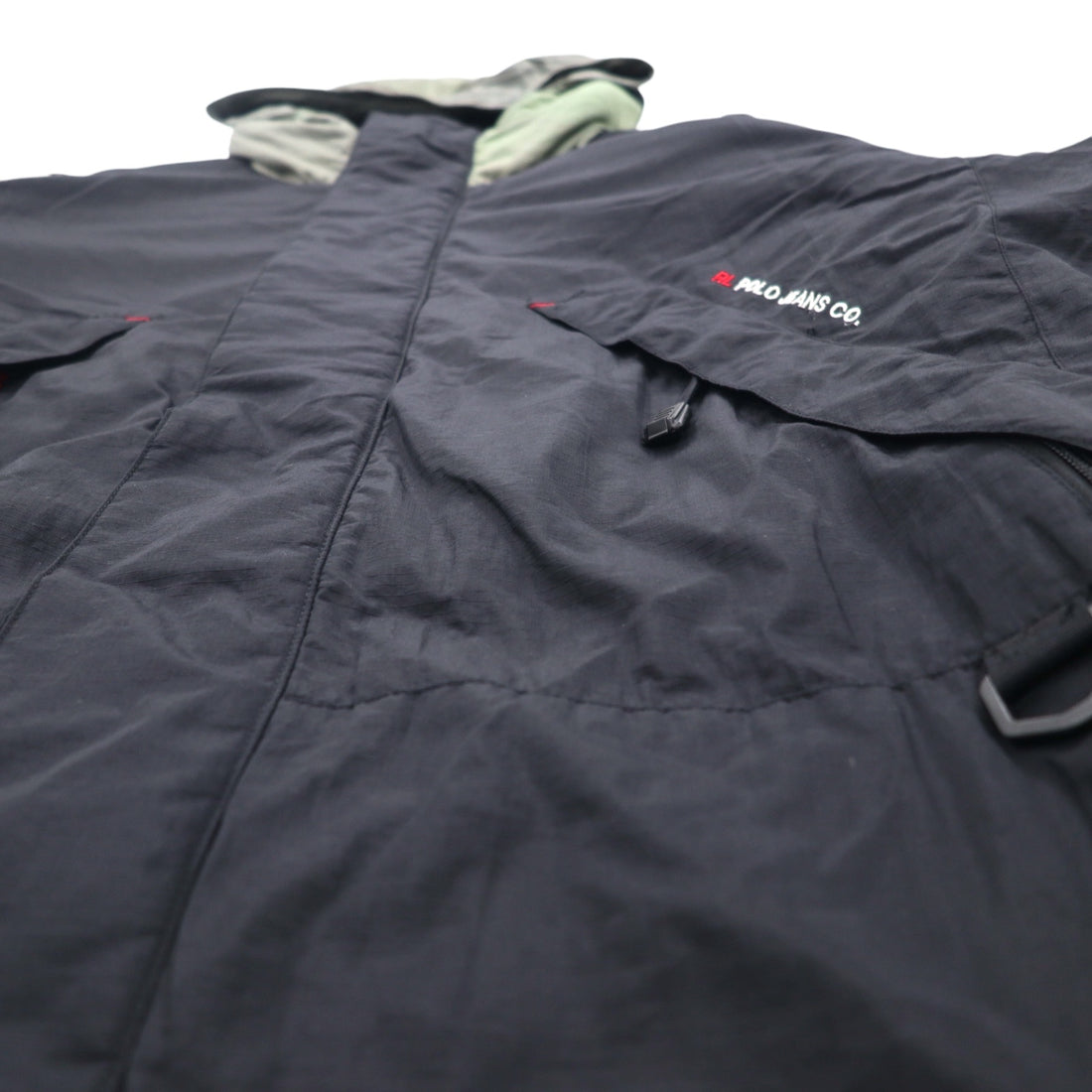 POLO JEANS Co. RALPH LAUREN 90年代 フード収納式 マウンテンパーカー L グリーン ブラック ナイロン リップストップ