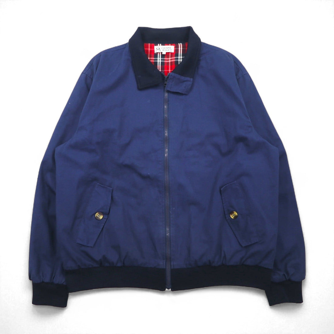 L'HOMME MODERNE Swing Top Harrington Jacket, Size L, Navy, Checked Cotton Lining