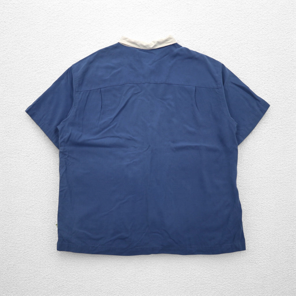 Island Shores シルク 半袖 オープンカラーシャツ 開襟 アロハシャツ 2XL ブルー ボックスシルエット ウォッシャブル