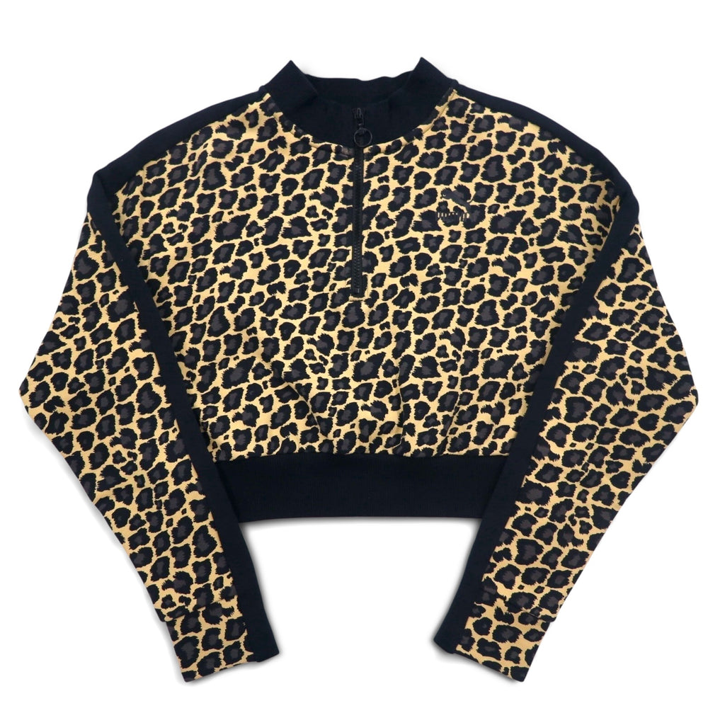 PUMA Cropped Half-Zip Sweatshirt M Leopard Beige Fleece Lining Side Lines