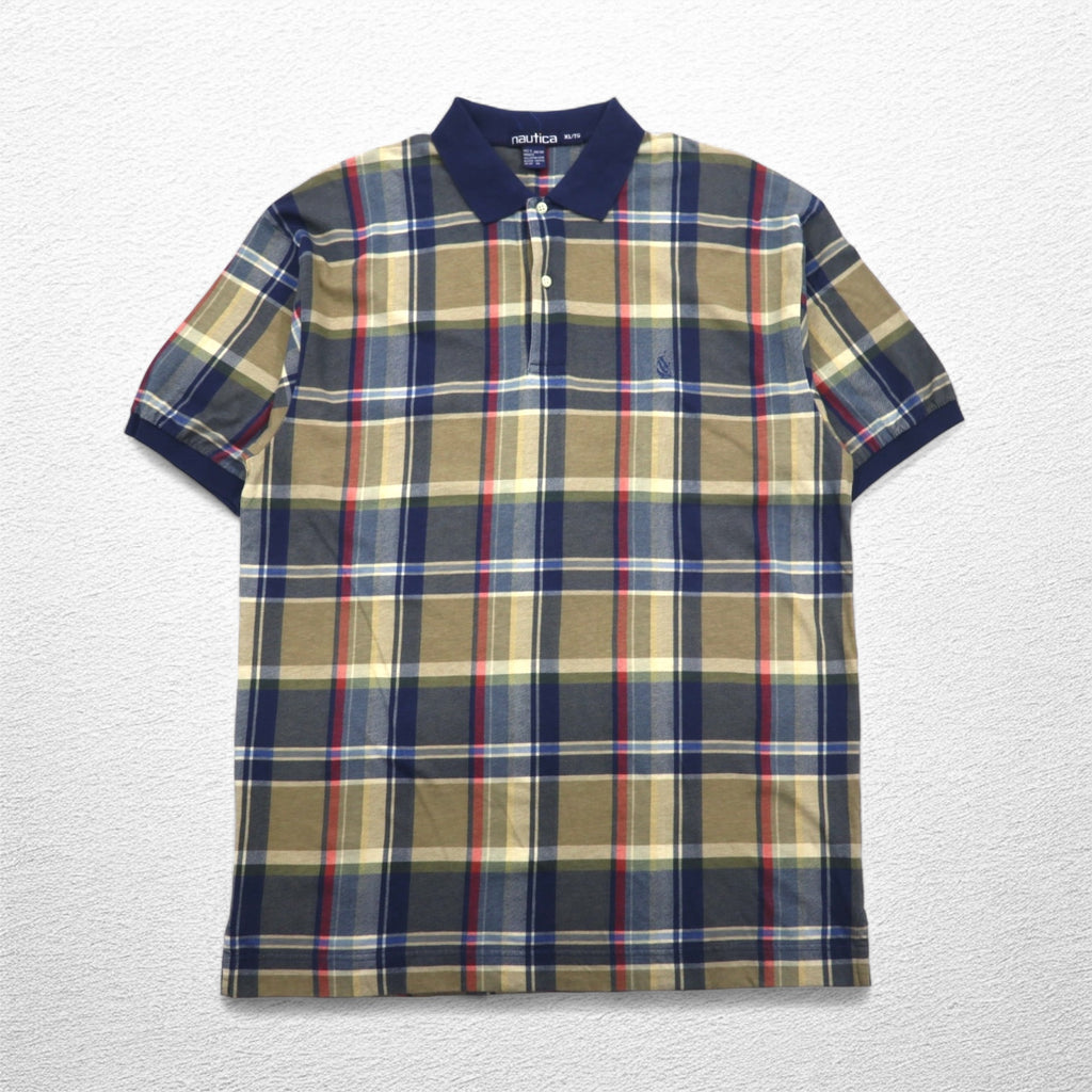 nautica 90年代 ポロシャツ XL ネイビー チェック コットン ワンポイントロゴ刺繍
