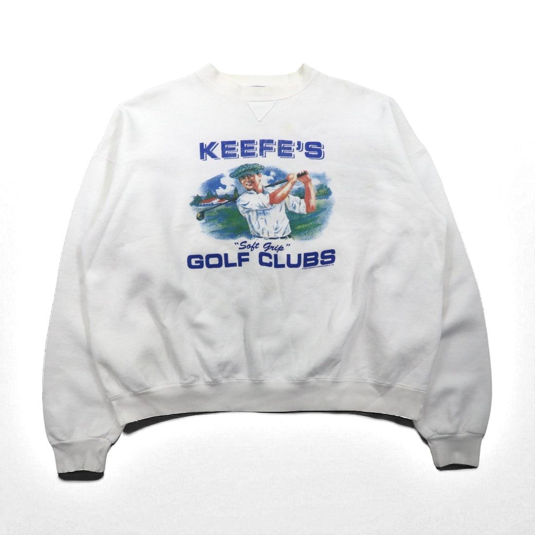 90s USA Made THE PERFECT SHIRT COMPANY Front V Print Sweatshirt, Size 2XL, White, Fleece-Lined, KEEFE'S GOLF CLUBS