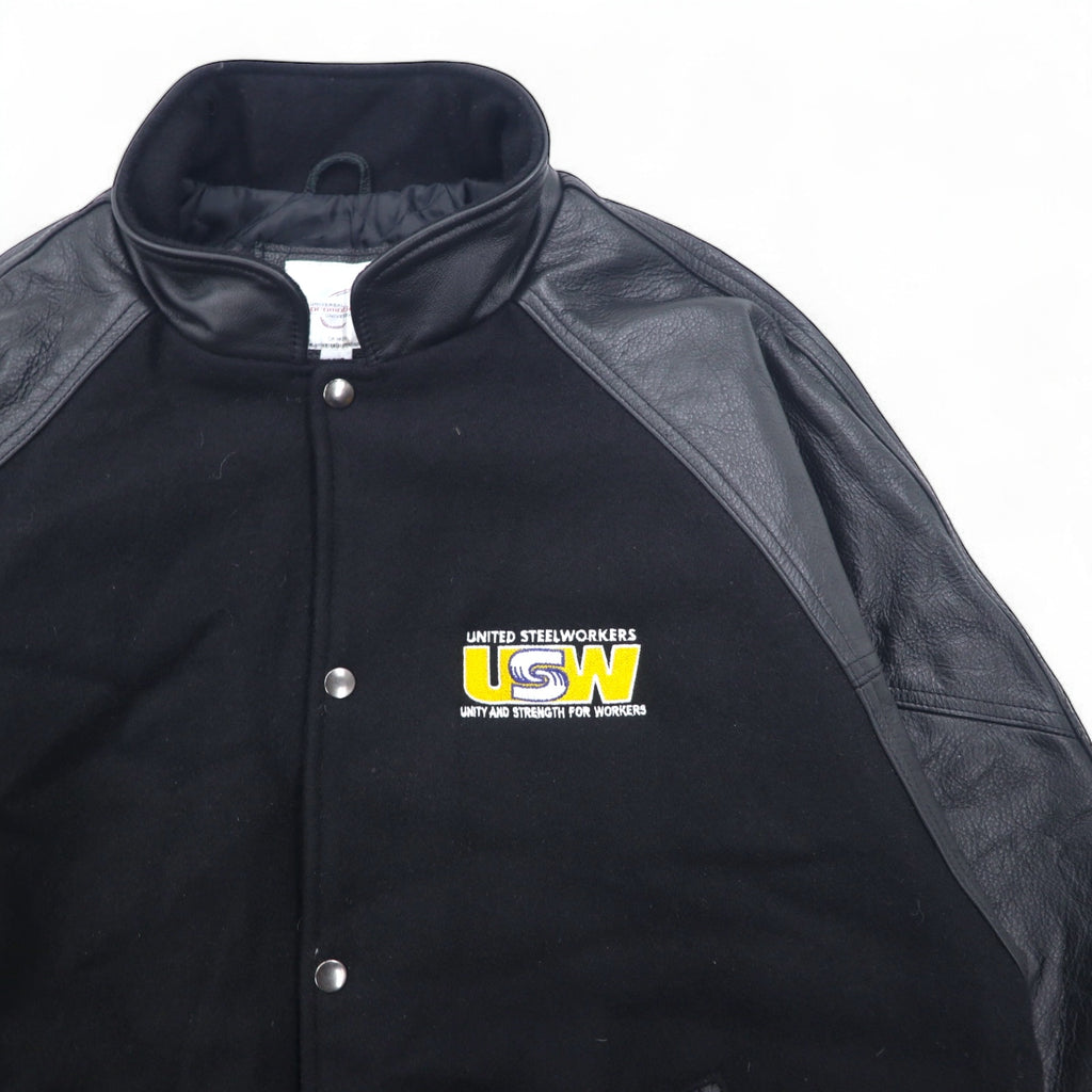 UNIVERSAL promotions Leather-switched Melton Stadium Jacket L Black Leather UNITED STEEL WORKERS