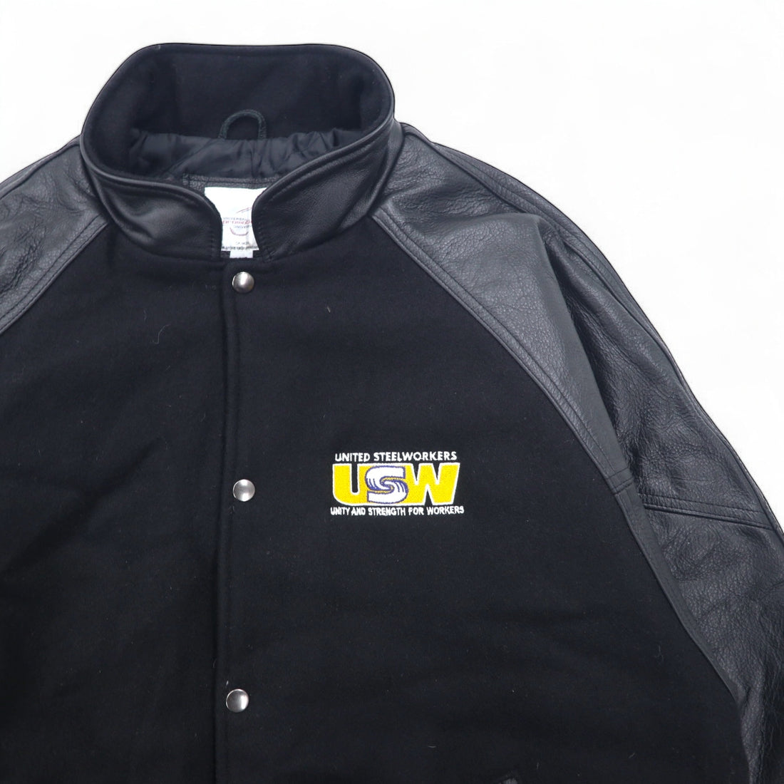 UNIVERSAL promotions Leather-switched Melton Stadium Jacket L Black Leather UNITED STEEL WORKERS