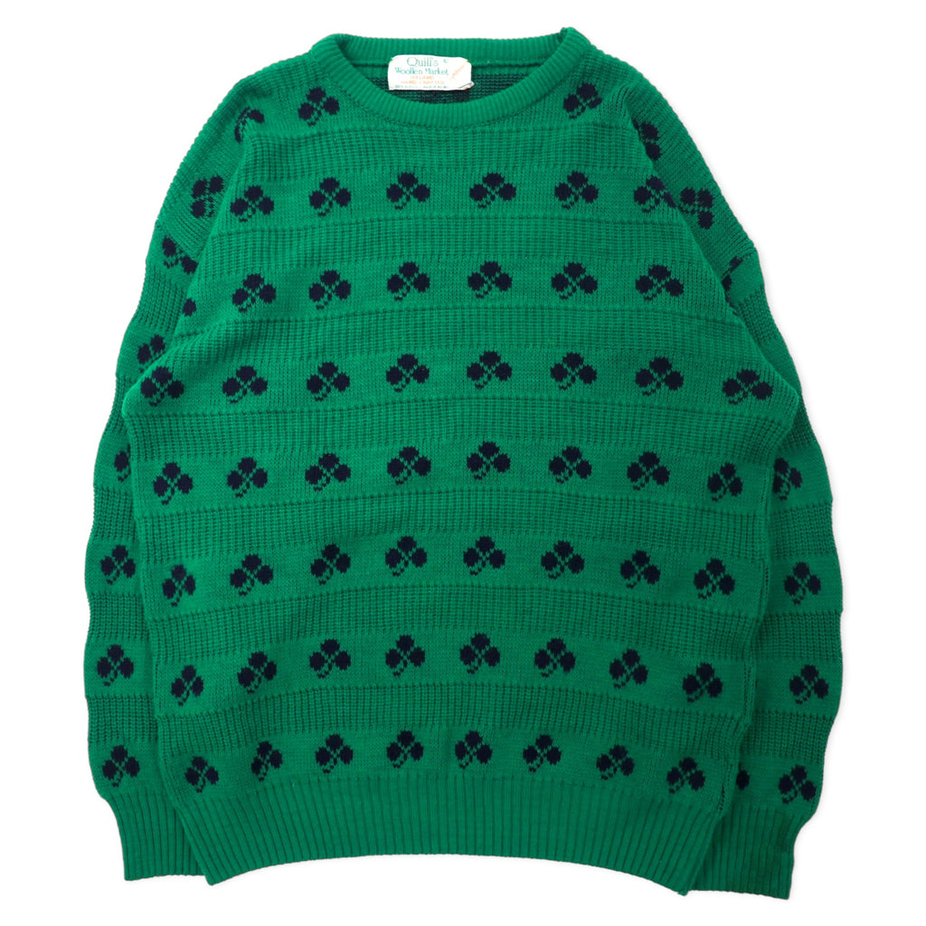 日本然リトテ-古着オンライン-Quill's Woollen Market 70年代 アイルランド製 ローゲージ ニット セーター XL グリーン 総柄 クローバー アクリル ビッグサイズ-Quill's Woolen Market 70s Ireland MADE Lolgage Knit Sweater XL Green Patterned Clover Acrylic Big Size