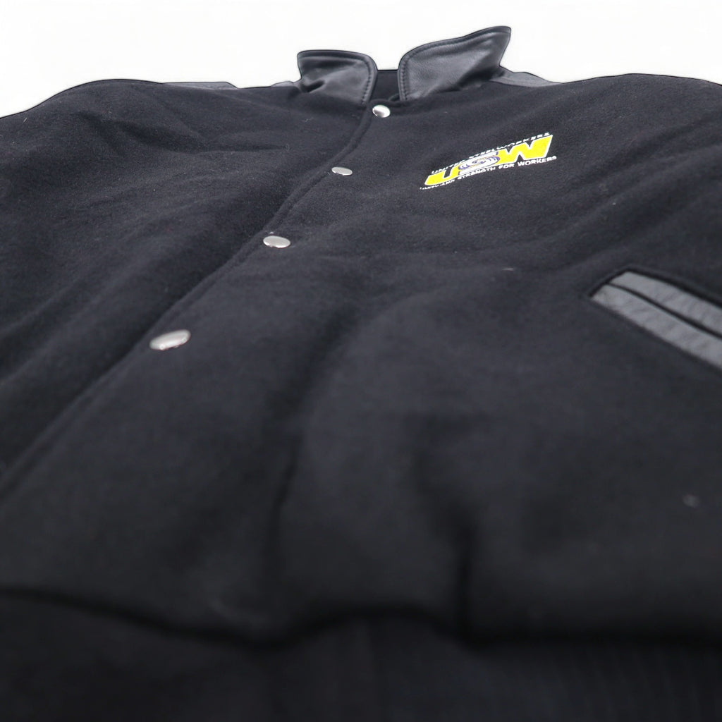 UNIVERSAL promotions Leather-switched Melton Stadium Jacket L Black Leather UNITED STEEL WORKERS