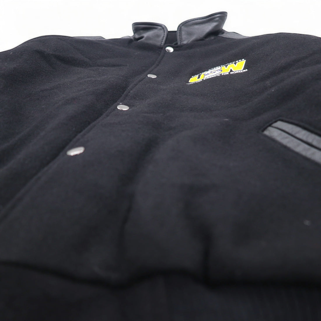 UNIVERSAL promotions Leather-switched Melton Stadium Jacket L Black Leather UNITED STEEL WORKERS