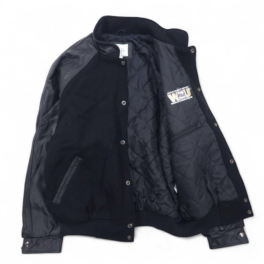 UNIVERSAL promotions Leather-switched Melton Stadium Jacket L Black Leather UNITED STEEL WORKERS