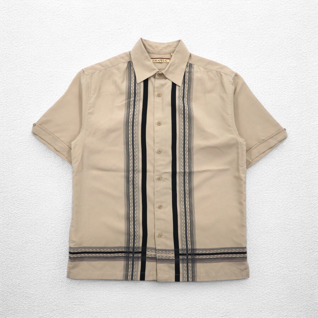 HAVANERA Line Design Cuban Shirt, Medium, Beige, Polyester, Boxy Silhouette