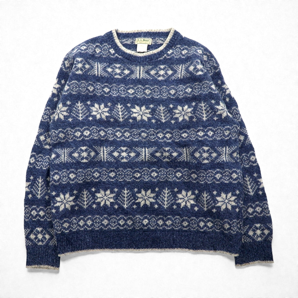 L.L.Bean 80s Made in USA Nordic Knit Sweater, XL, Blue Allover Pattern Wool