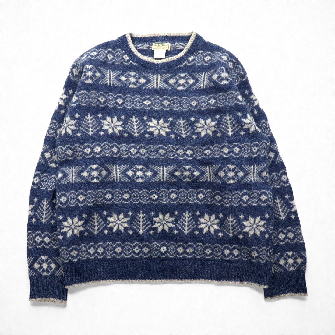 L.L.Bean 80s Made in USA Nordic Knit Sweater, XL, Blue Allover Pattern Wool