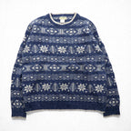 L.L.Bean 80s Made in USA Nordic Knit Sweater, XL, Blue Allover Pattern Wool