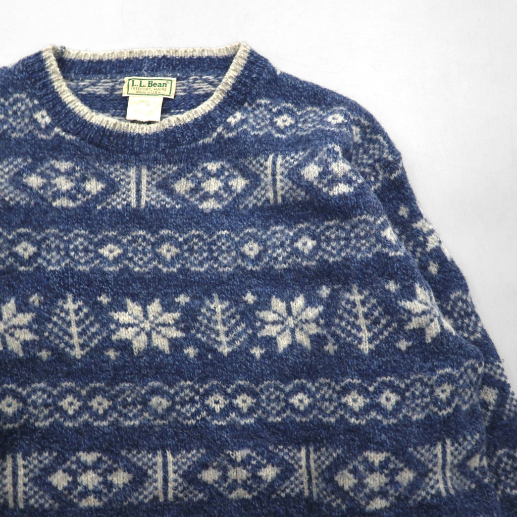 L.L.Bean 80s Made in USA Nordic Knit Sweater, XL, Blue Allover Pattern Wool