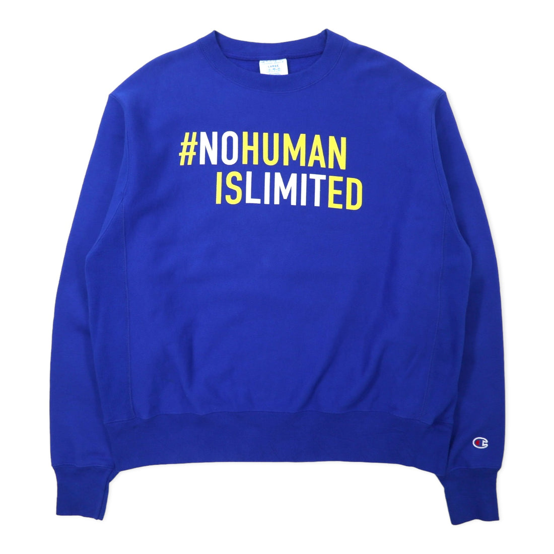 日本然リトテ-古着オンライン-Champion リバースウィーブ スウェット 2XL ブルー コットン NO HUMAN IS LIMITED 単色タグ 復刻 REVERSE WEAVE エルサルバドル製-Champion Reverse Weave Sweatshirt 2XL Blue Cotton NO HUMAN IS LIMITED Single Color Tag Reprint REVERSE WEAVE El Salvador Made
