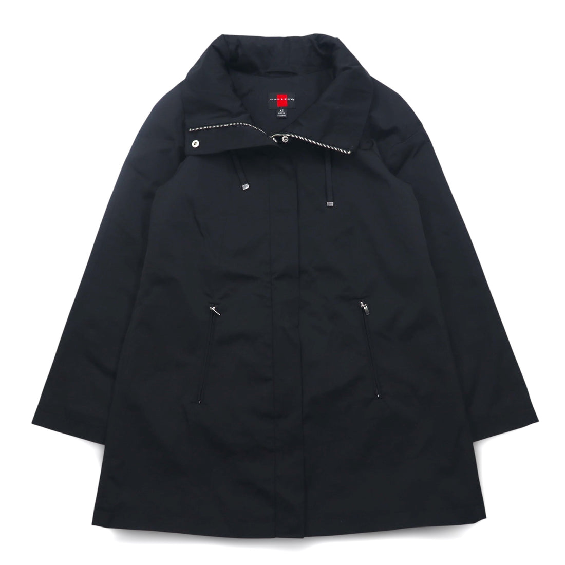 GALLERY Stand Collar A-Line Coat XS Black Cotton Polyester