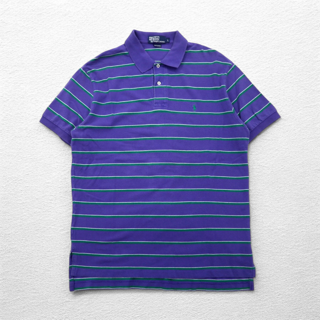 Polo by Ralph Lauren 90s Striped Polo Shirt L Purple Cotton Pique Small Pony Embroidery
