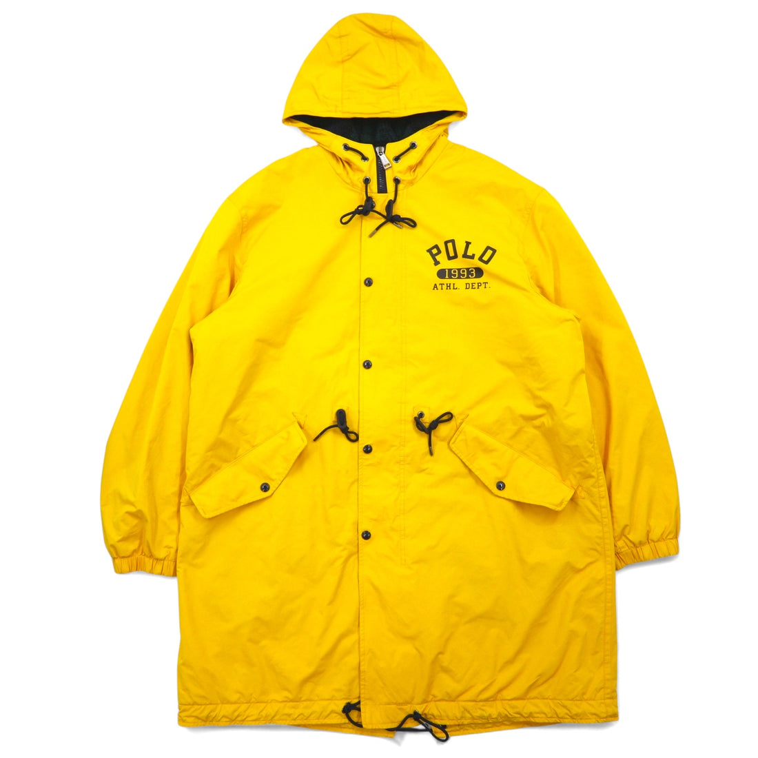 日本然リトテ-古着オンライン-POLO RALPH LAUREN モッズコート ベンチコート XL イエロー ポリエステル ボアライナー 中綿 ドローコード カレッジ ロゴプリント バックロゴ-POLO RALPH LAUREN Mod Parka Bench Coat XL Yellow Polyester BOA Liner Filling Drawcord College Logo Print Back Logo