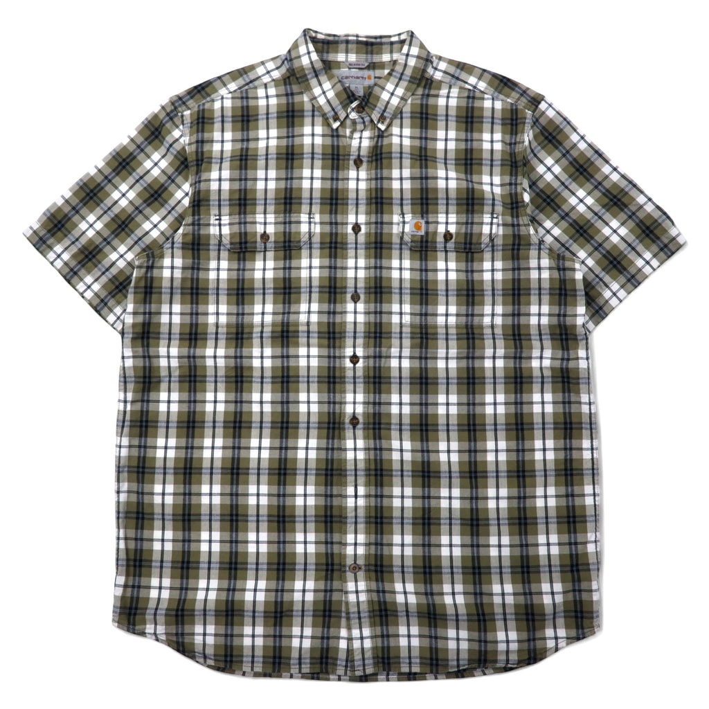 日本然リトテ-古着オンライン-carhartt リラックスフィット 半袖 ボタンダウンシャツ XL カーキ ホワイト チェック コットン ビッグサイズ-carhartt Relaxed Fit Short Sleeve Button-down Shirts XL Khaki White Checked Cotton Big Size