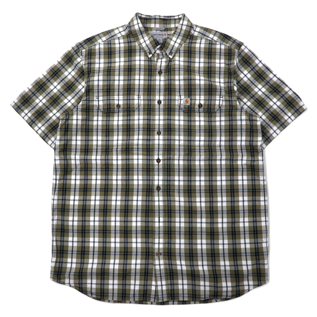 日本然リトテ-古着オンライン-carhartt リラックスフィット 半袖 ボタンダウンシャツ XL カーキ ホワイト チェック コットン ビッグサイズ-carhartt Relaxed Fit Short Sleeve Button-down Shirts XL Khaki White Checked Cotton Big Size
