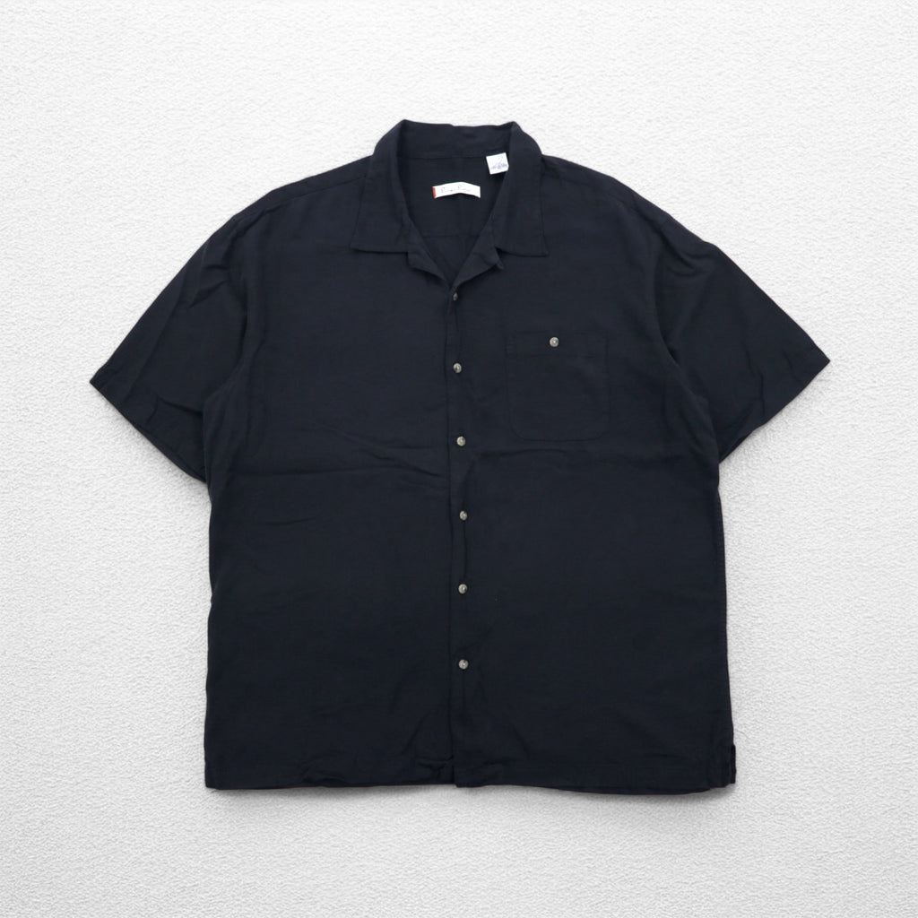 Burma Bibas Open Collar Short Sleeve Silk Shirt XL Black Boxy Silhouette