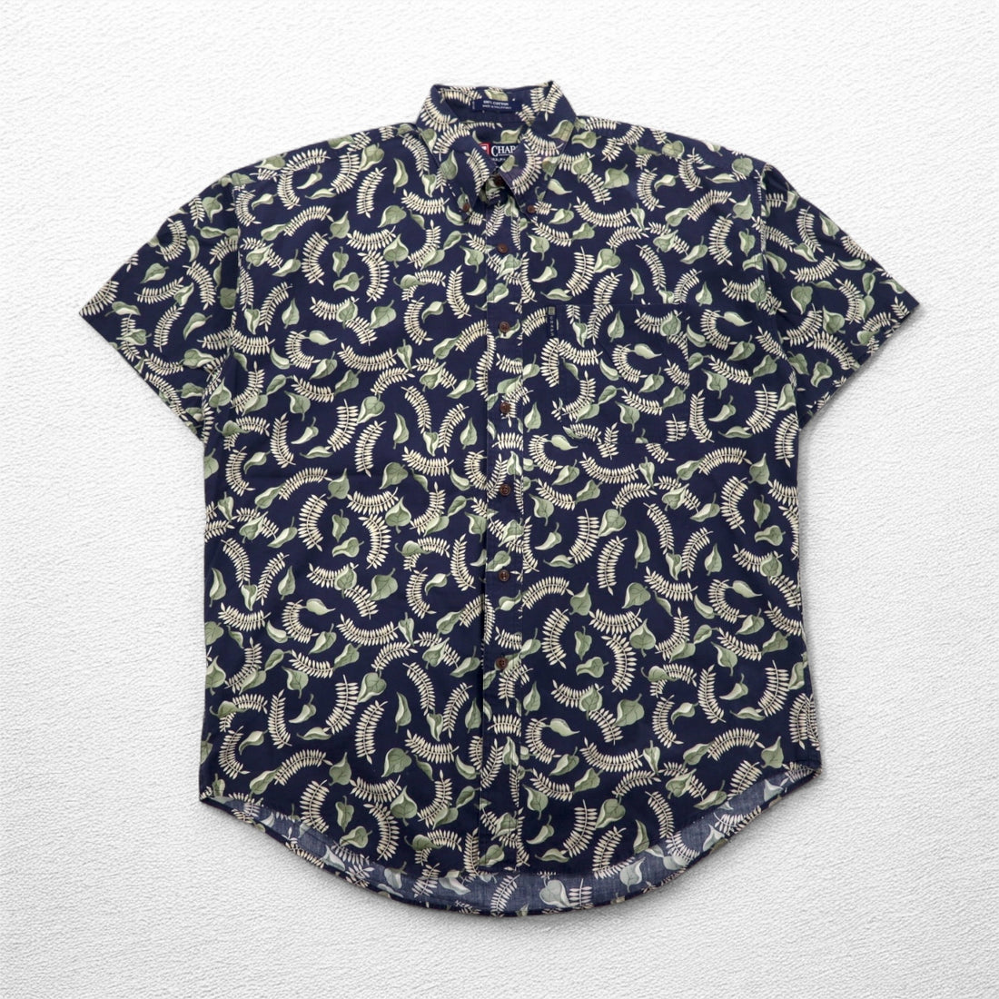 CHAPS RALPH LAUREN 90s Short Sleeve Button Down Shirt L Navy All-over Leaf Botanical Chest Pocket