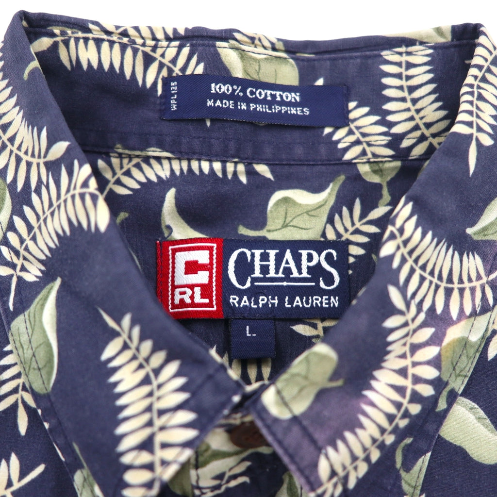 CHAPS RALPH LAUREN 90s Short Sleeve Button Down Shirt L Navy All-over Leaf Botanical Chest Pocket