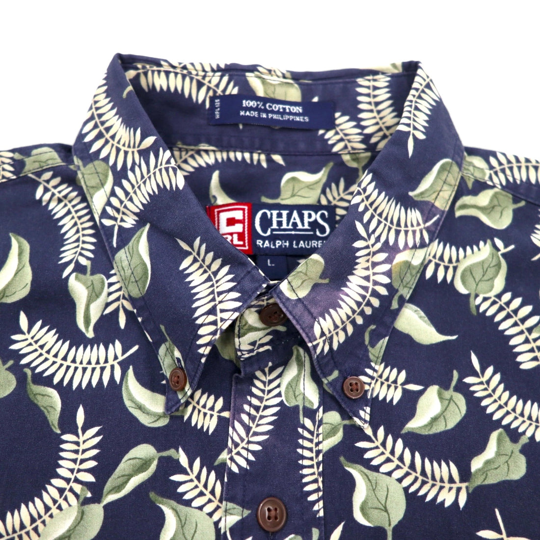 CHAPS RALPH LAUREN 90s Short Sleeve Button Down Shirt L Navy All-over Leaf Botanical Chest Pocket