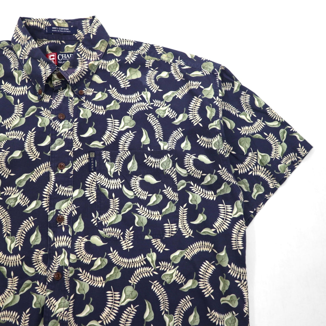 CHAPS RALPH LAUREN 90s Short Sleeve Button Down Shirt L Navy All-over Leaf Botanical Chest Pocket