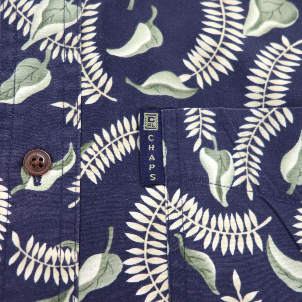 CHAPS RALPH LAUREN 90s Short Sleeve Button Down Shirt L Navy All-over Leaf Botanical Chest Pocket