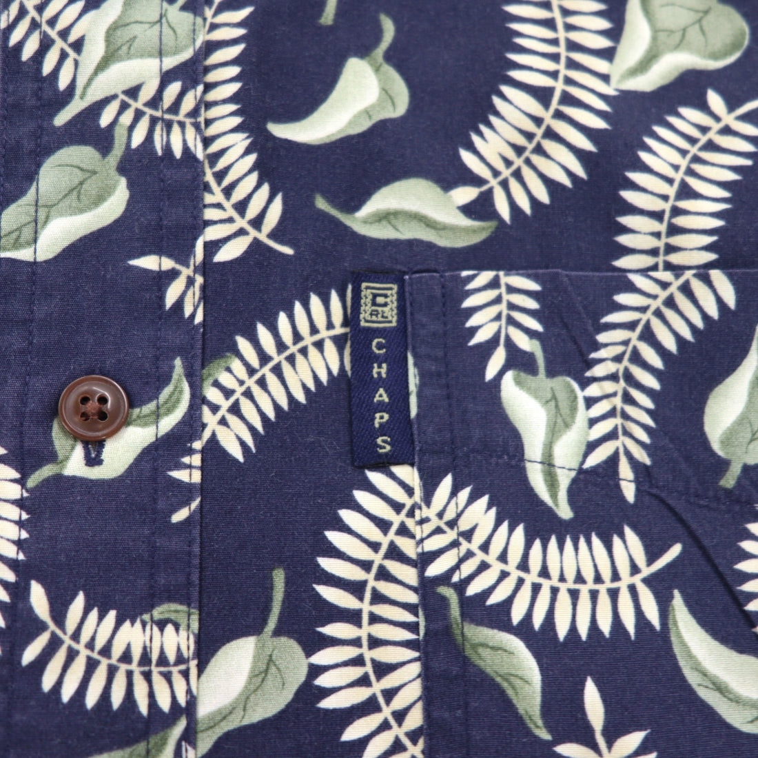 CHAPS RALPH LAUREN 90s Short Sleeve Button Down Shirt L Navy All-over Leaf Botanical Chest Pocket