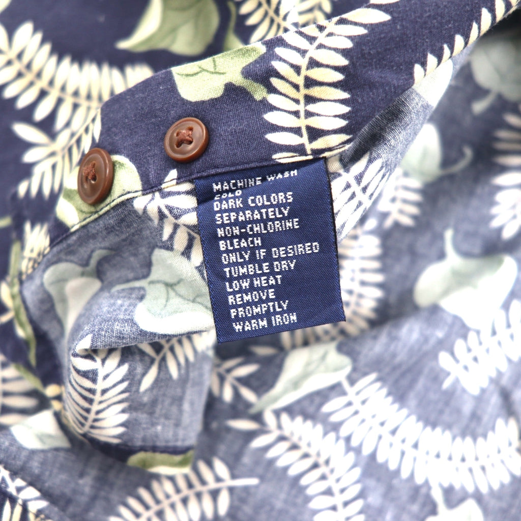 CHAPS RALPH LAUREN 90s Short Sleeve Button Down Shirt L Navy All-over Leaf Botanical Chest Pocket