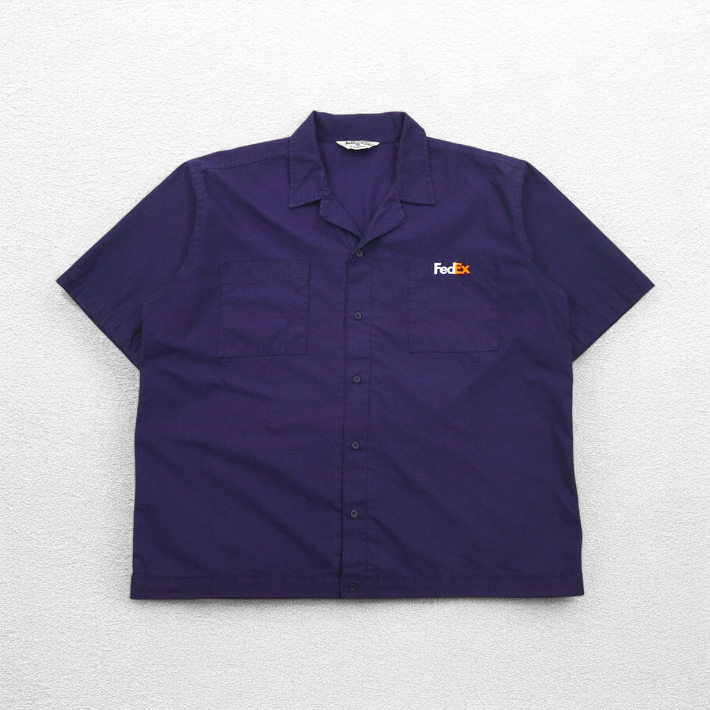 FedEx 90s Open-neck Work Shirt, Short Sleeve, Open Collar, XL, Purple, American, Corporate, Boxy Silhouette, Designed By Stan Herman, VF Imagewear